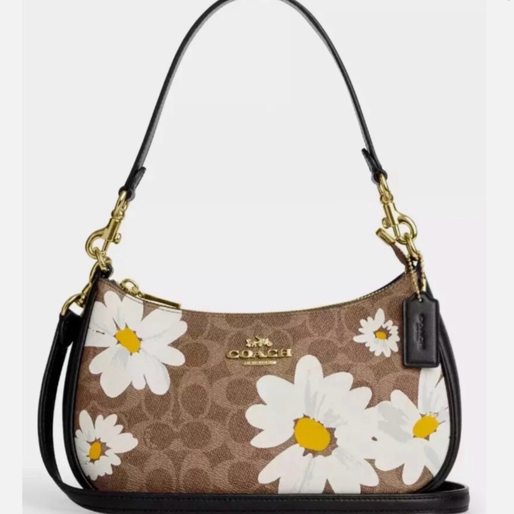 Coach Brown Signature Canvas Shoulder Bag with White Daisy Print and Black Trim
